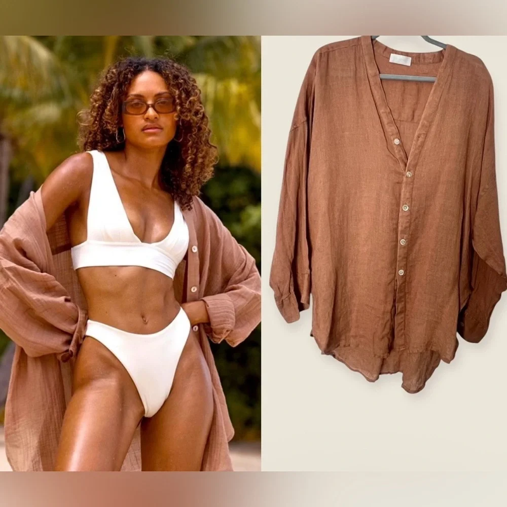 Monday Swimwear LINEN Shirt Barcelona Tunic Crinkled Linen Oversized Beach Shirt